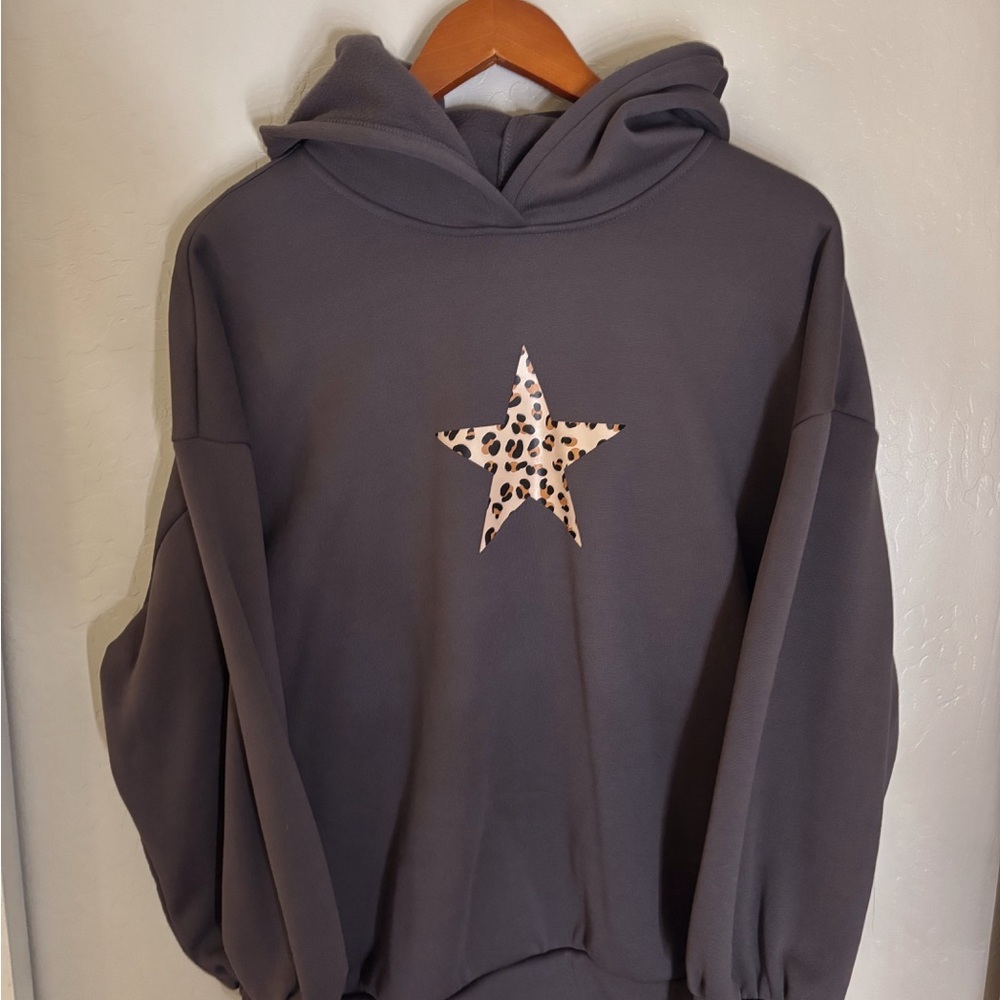 Over sized Gray Hoodie with Leopard Star Design